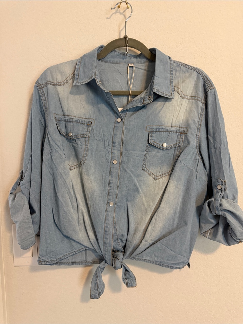 Tie-Front Light Blue Denim Button-Down Shirt for Women